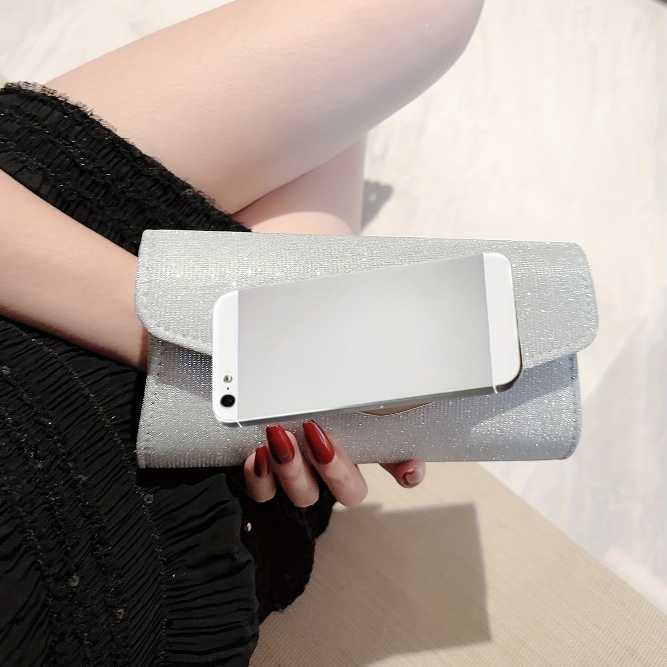 Metal Chain Flap Handbag Elegant Sparkly Purse Classic Evening Bag