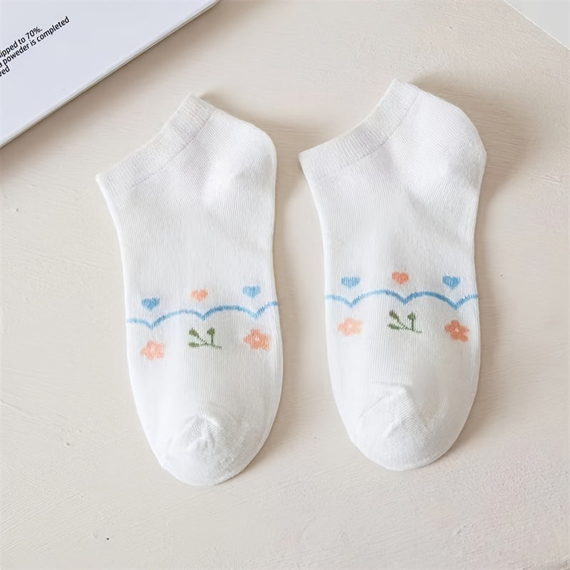 5 Pairs Floral Print Ankle Socks Soft Lightweight Women's Stockings