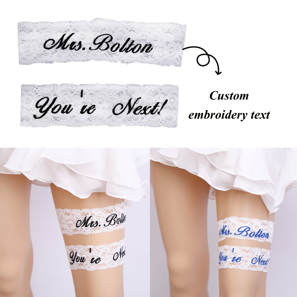 2pcs Personalized Embroidered Lace Wedding Leg Rings Bridal Leg Rings Name Custo