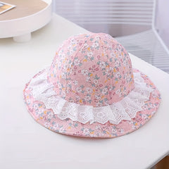 Kids Floral Lace Trim Bucket Hat With Windproof Rope