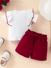 2pcs Baby Girls Bowknot Short Sleeve Top & Belted Shorts Set