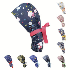 Cartoon Print Ponytail Scrub Cap for Women Dentist Nurse Hat