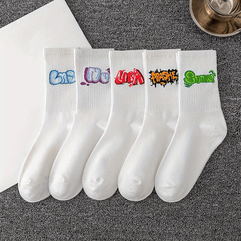 5 Pairs Letter Graffiti Socks Sports Socks Women's Stockings & Hosiery