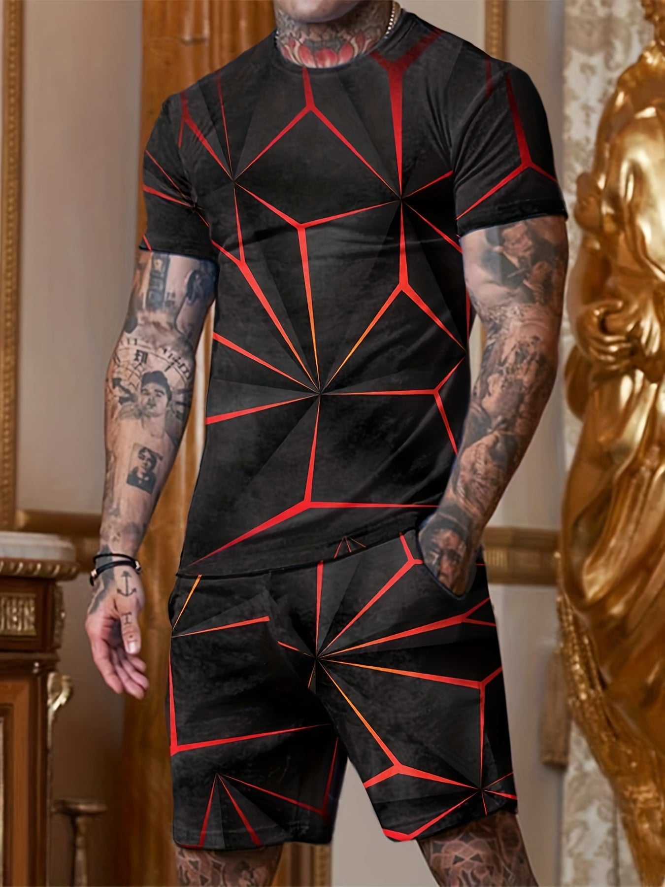 3D Print Men's 2Pcs Casual Short Sleeve T-shirt & Drawstring Shorts Set