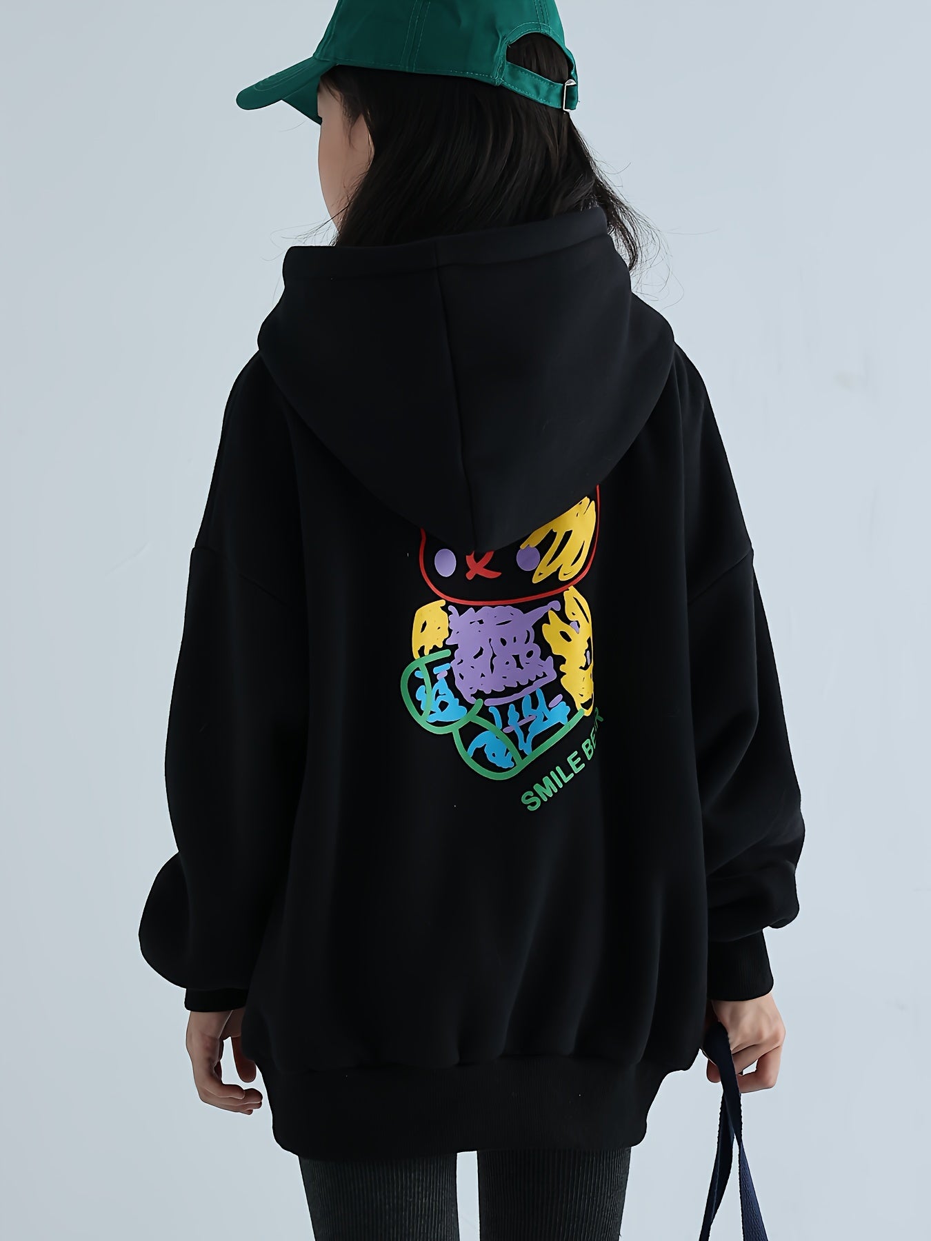 Girls' 95 Cotton Cartoon Graffiti Bear Graphic Hooded Pullover