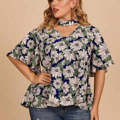 Floral Print Halter Neck Short Sleeve Blouse Plus Size