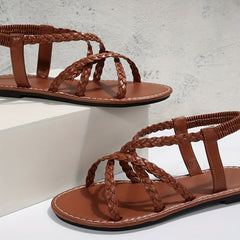 Women's Solid Braided Flat Sandals Casual Elastic Band Summer Shoes