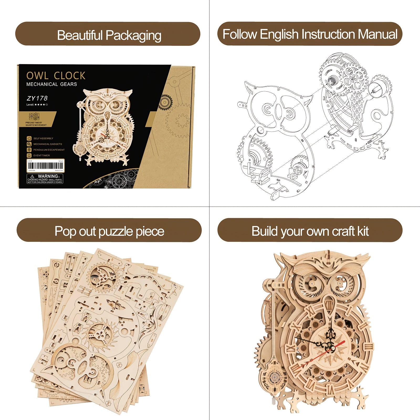 3D Wooden Owl Clock Puzzle Gift & Home Decor for Adults