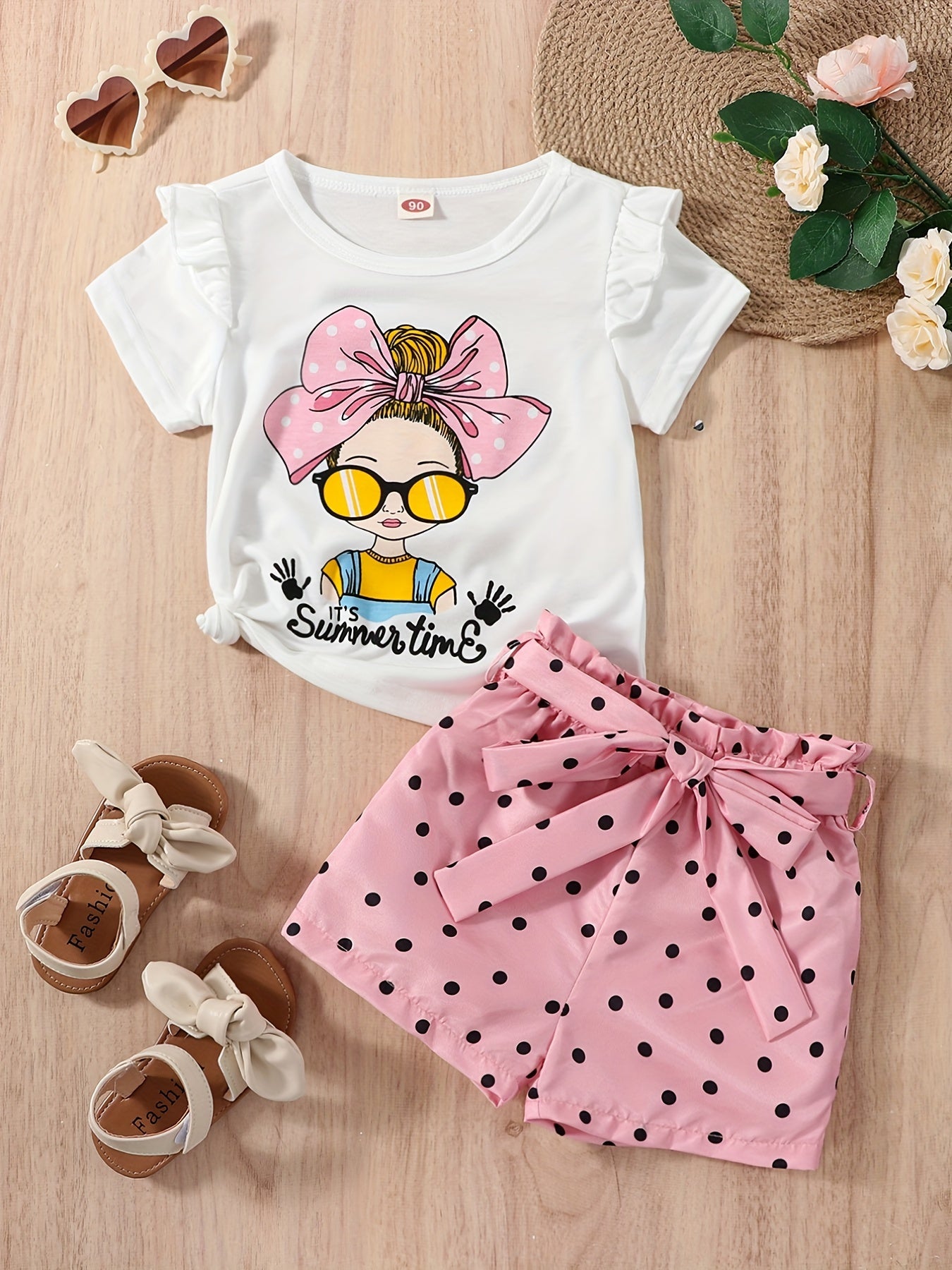 2pcs Girls Ruffle T Shirt & Polka Dot Belted Shorts Set