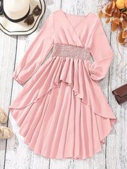 Girls V-neck High Low Long Sleeve Blouse Longline Peplum Top