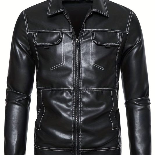 Men's Retro Motorcycle PU Leather Zip Up Jacket with Topstitch Lapel