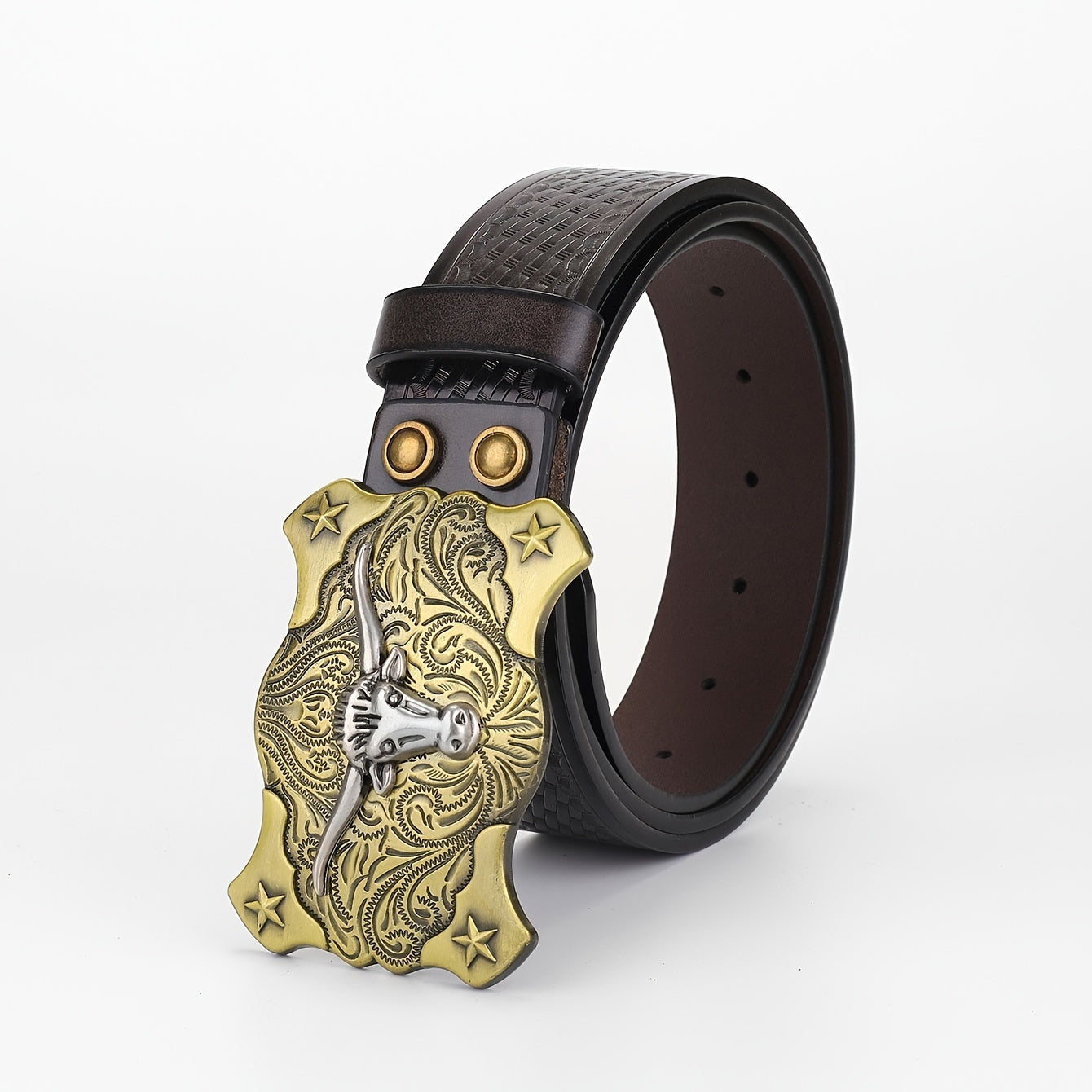 Leather Braided Pattern Belt With Ox Head and Star Carving Button