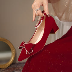 Faux Pearl Bow Ankle Strap Chunky Heel Wedding Shoes
