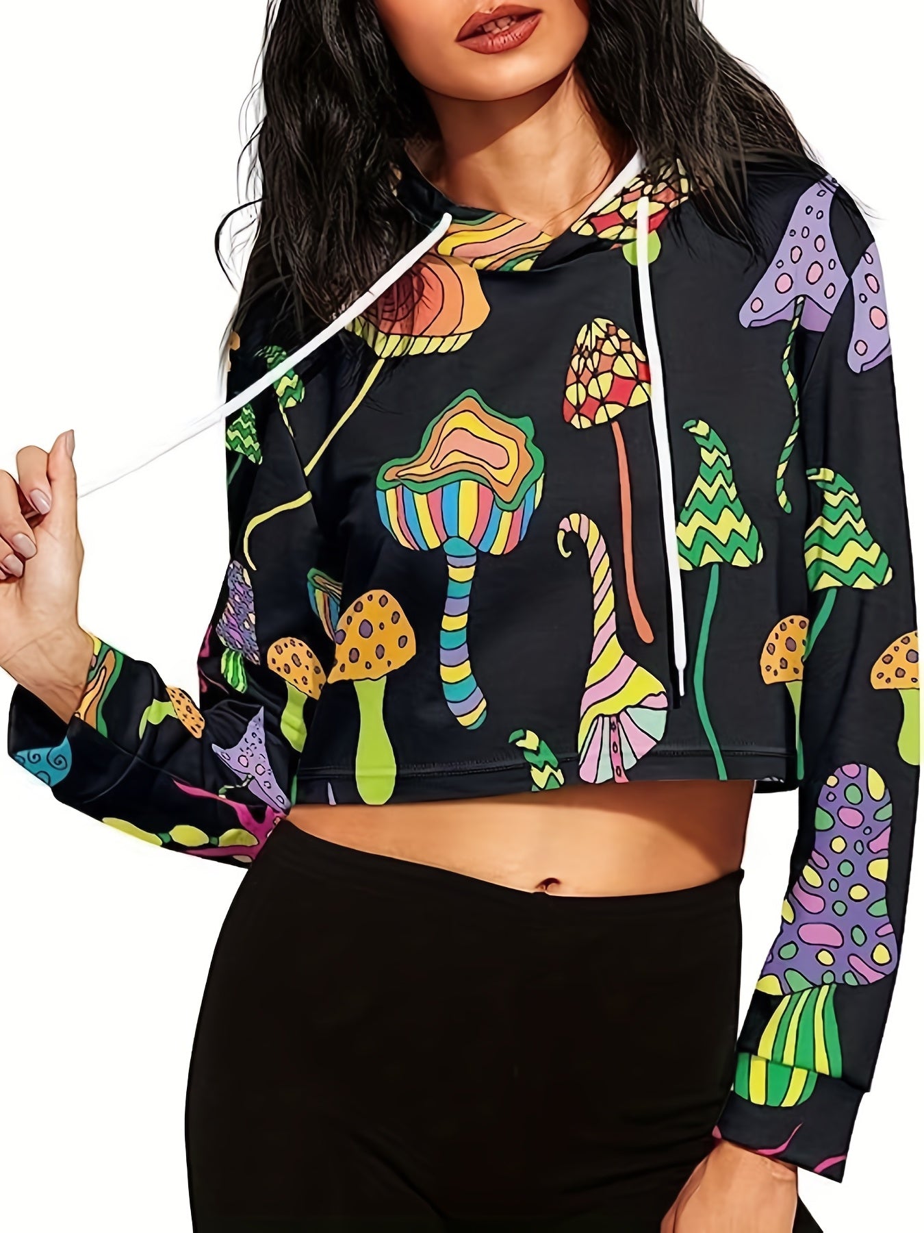 Women's Cropped Long Sleeve Mushroom Print Hoodie