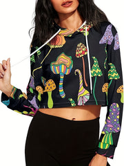 Women's Cropped Long Sleeve Mushroom Print Hoodie