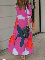 Colorblock Button-Up Long Sleeve Maxi Shirt Dress