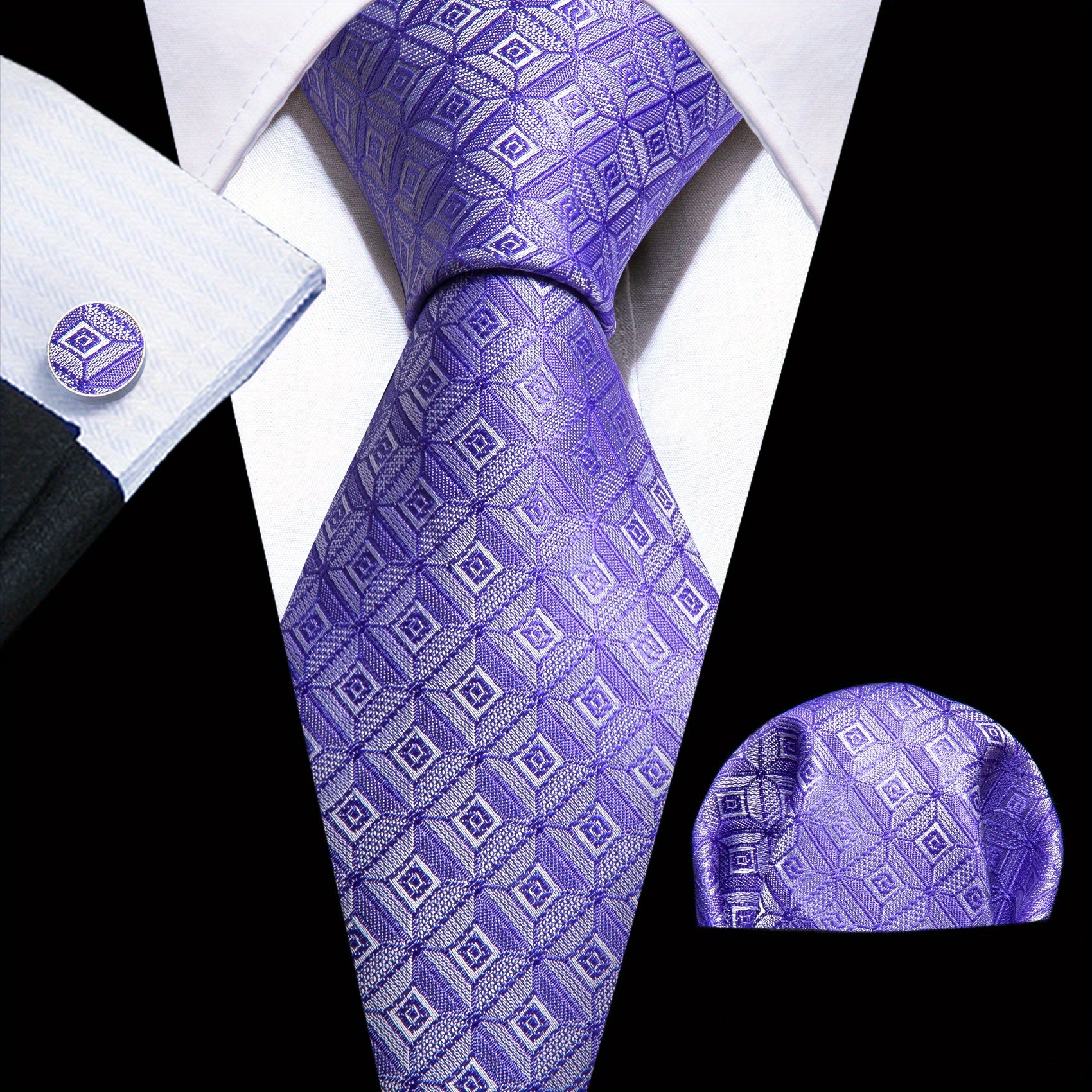 Barry Wang Men's Tie Silk Plaid Jacquard Tie Cufflinks Scarf Set