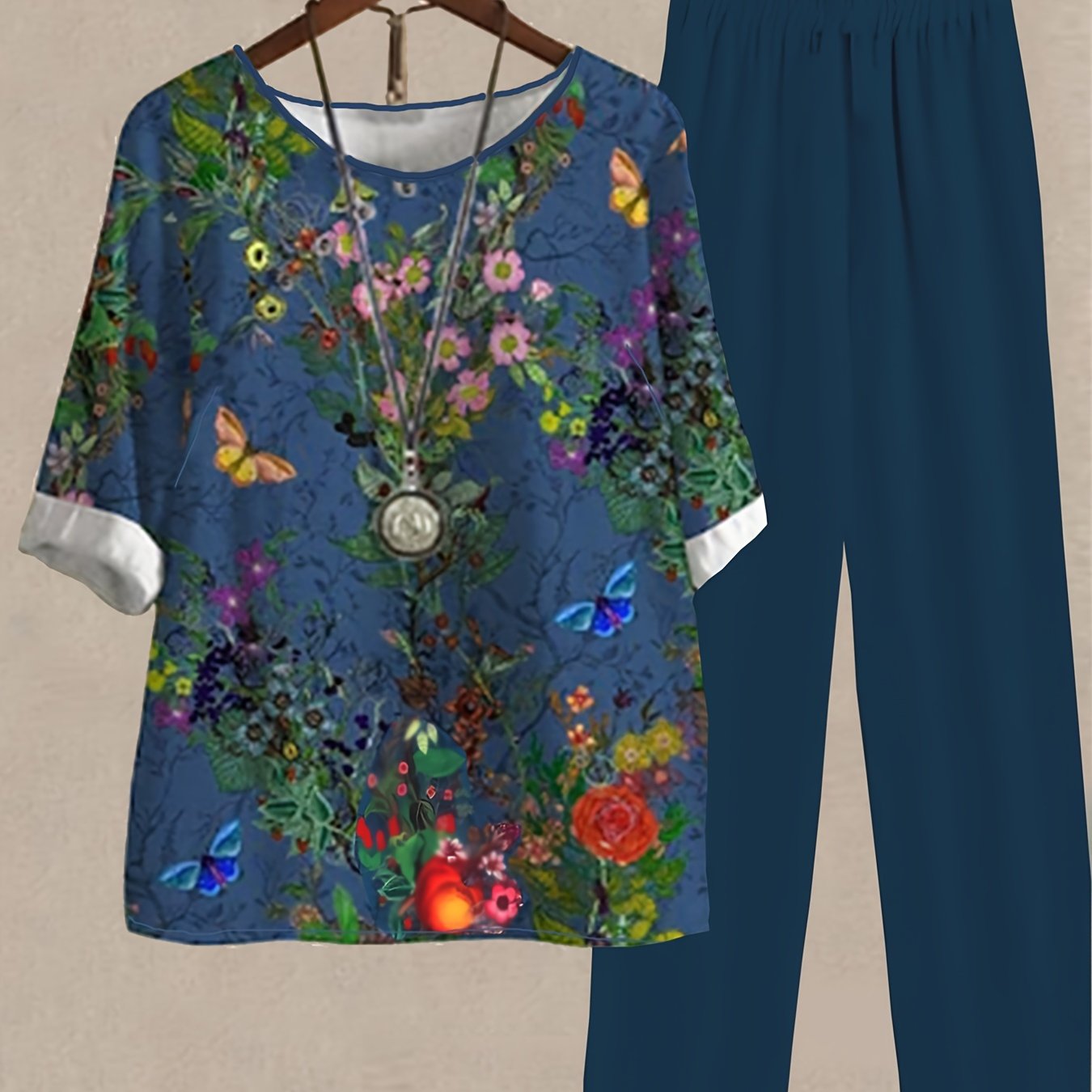Women's Plus Floral Print Top & Solid Wide Leg Pants 2 Piece Set