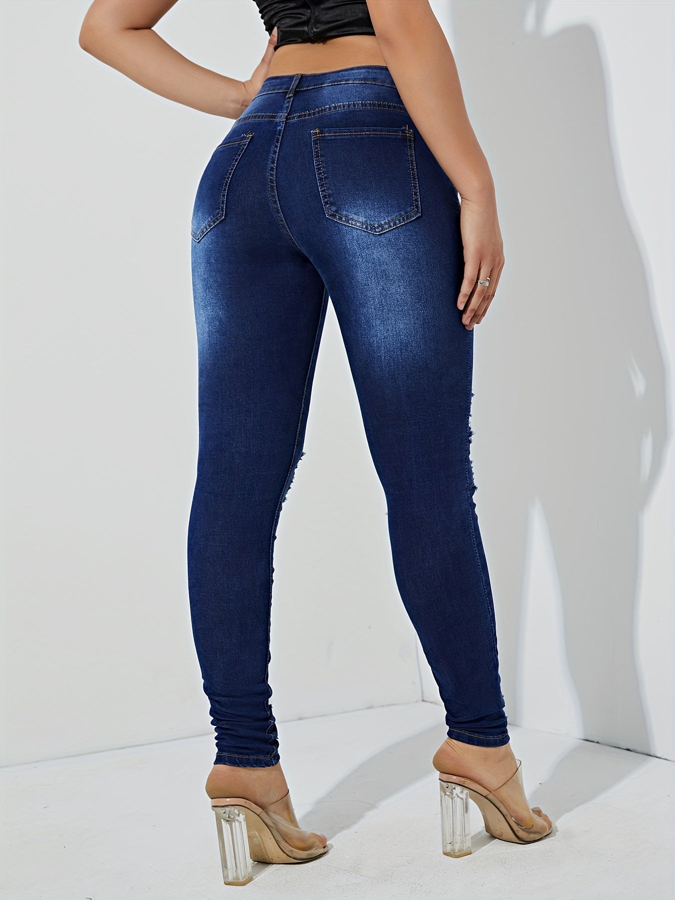Stretchy High Waist Skinny Jeans with Distressed Slash Pockets