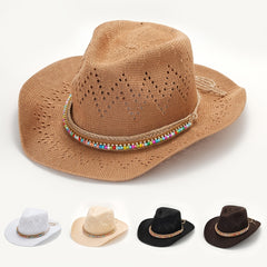 Hollow Crochet Straw Sun Hat Western Style Cowboy Hat Beads Band Decor