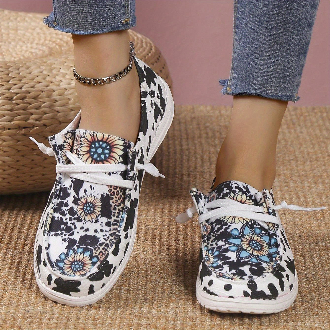 Sunflower & Cow Canvas Lace Up Sneakers