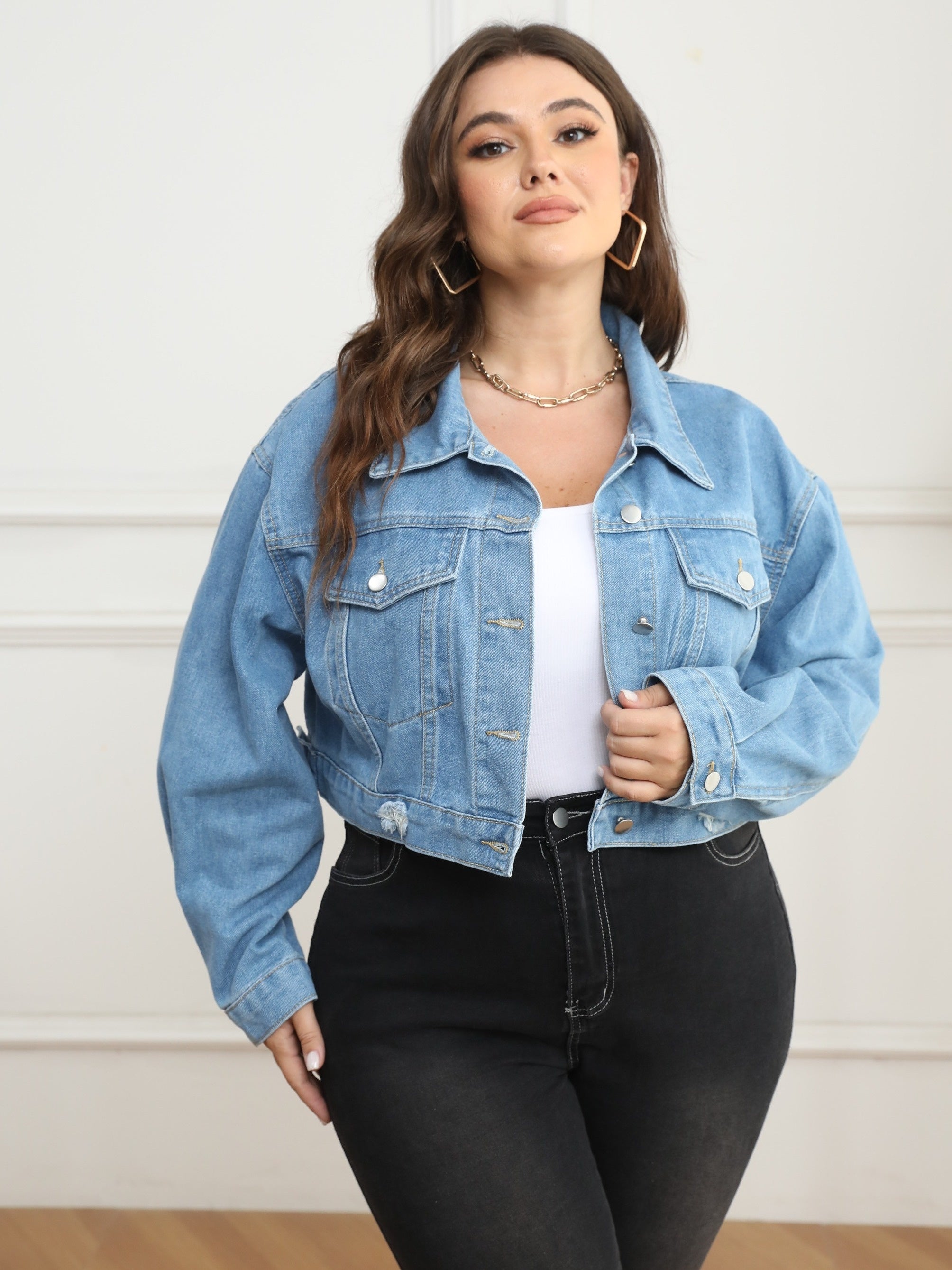 Casual Denim Jacket Women's Plus Ripped Button Up Long Sleeve Crop Den