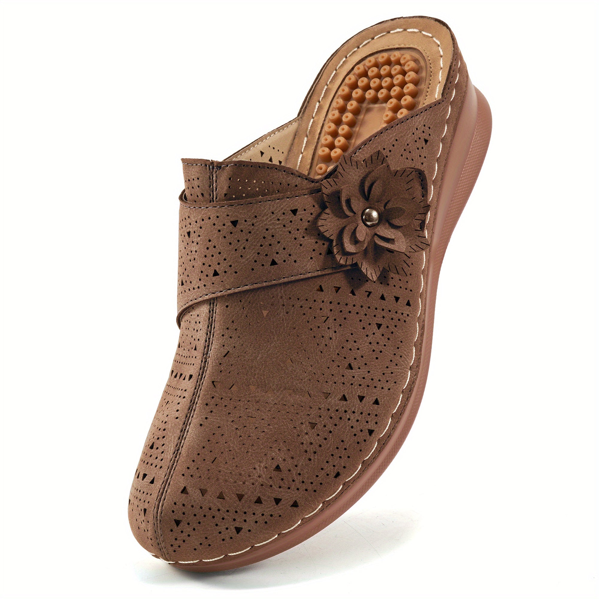 Women's Massage Wedge Mules Perforated Flower Decor Sandals