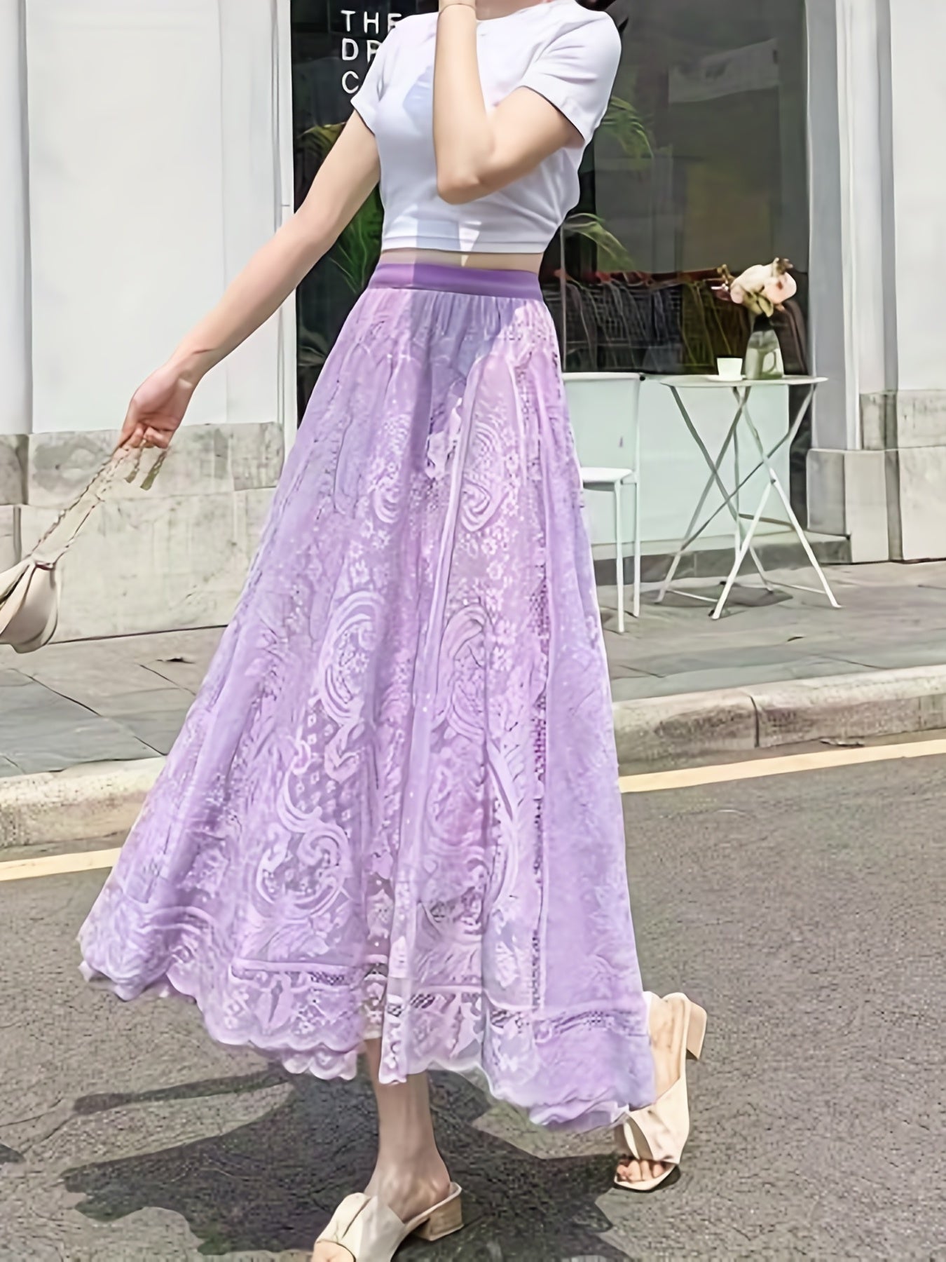 Lace Baroque Print Maxi Skirt - Solid Pleated Women's Clothing