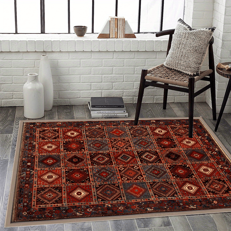 Bohemian Dark Red Pattern Large Area Carpet Non Slip Backing