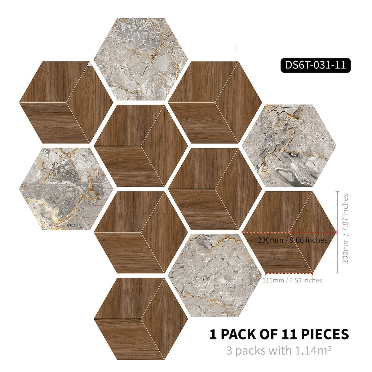 11pc Marble Wood Grain 3D Floor Sticker Hexagonal Tile Home Decor