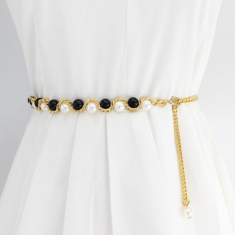 Women's Faux Pearl Thin Belt Decorative Dress Skirt Sweet Metal Belt