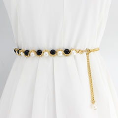 Women's Faux Pearl Thin Belt Decorative Dress Skirt Sweet Metal Belt