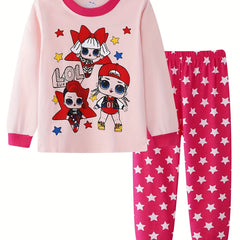 Girls Cotton Pajamas Set Cartoon Print Long Sleeve Top Matching Pants