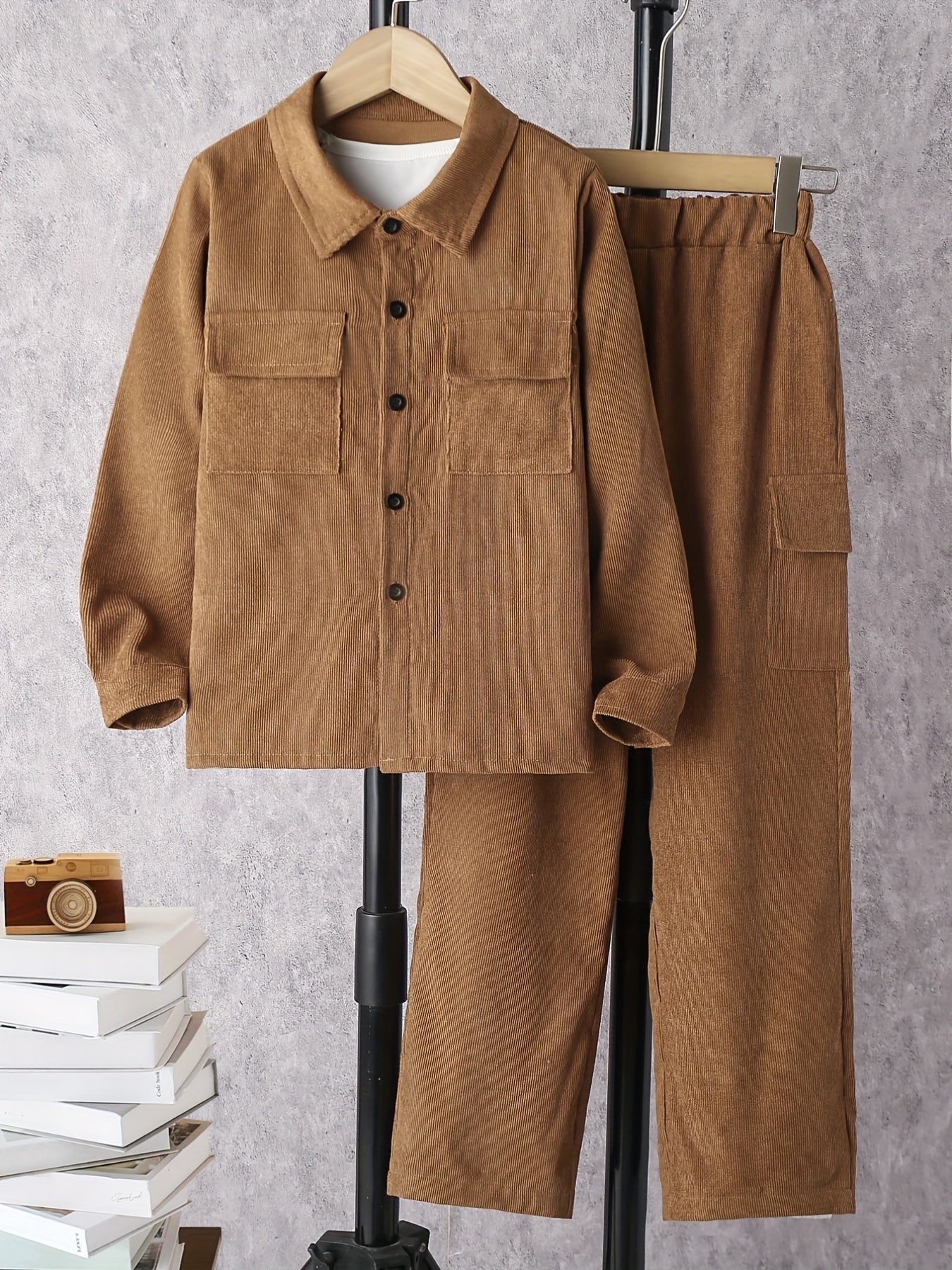 Boy's Corduroy 2pcs Shirt & Cargo Pants Set Solid Long Sleeve Top