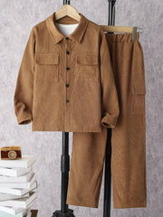 Boy's Corduroy 2pcs Shirt & Cargo Pants Set Solid Long Sleeve Top