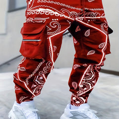 Paisley Pocket Drawstring Loose Cargo Pants Men's Casual Street Style Joggers