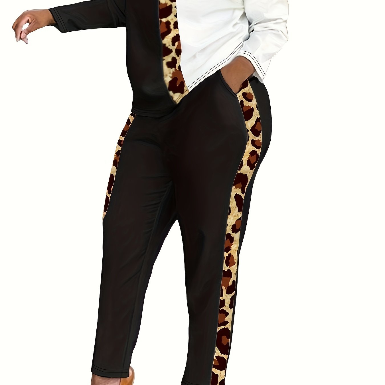 Women's Plus Colorblock Leopard Print Top & Pants Set