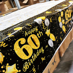 Golden Happy 60th Birthday Tablecloth Rectangular Party Table Cover