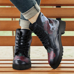 Women's Lace Up Combat Boots Rose & Skull Graphic Short Boots