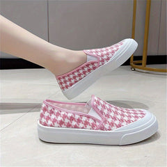 Women's Houndstooth Flat Loafers Slip On Low Top Canvas Shoes