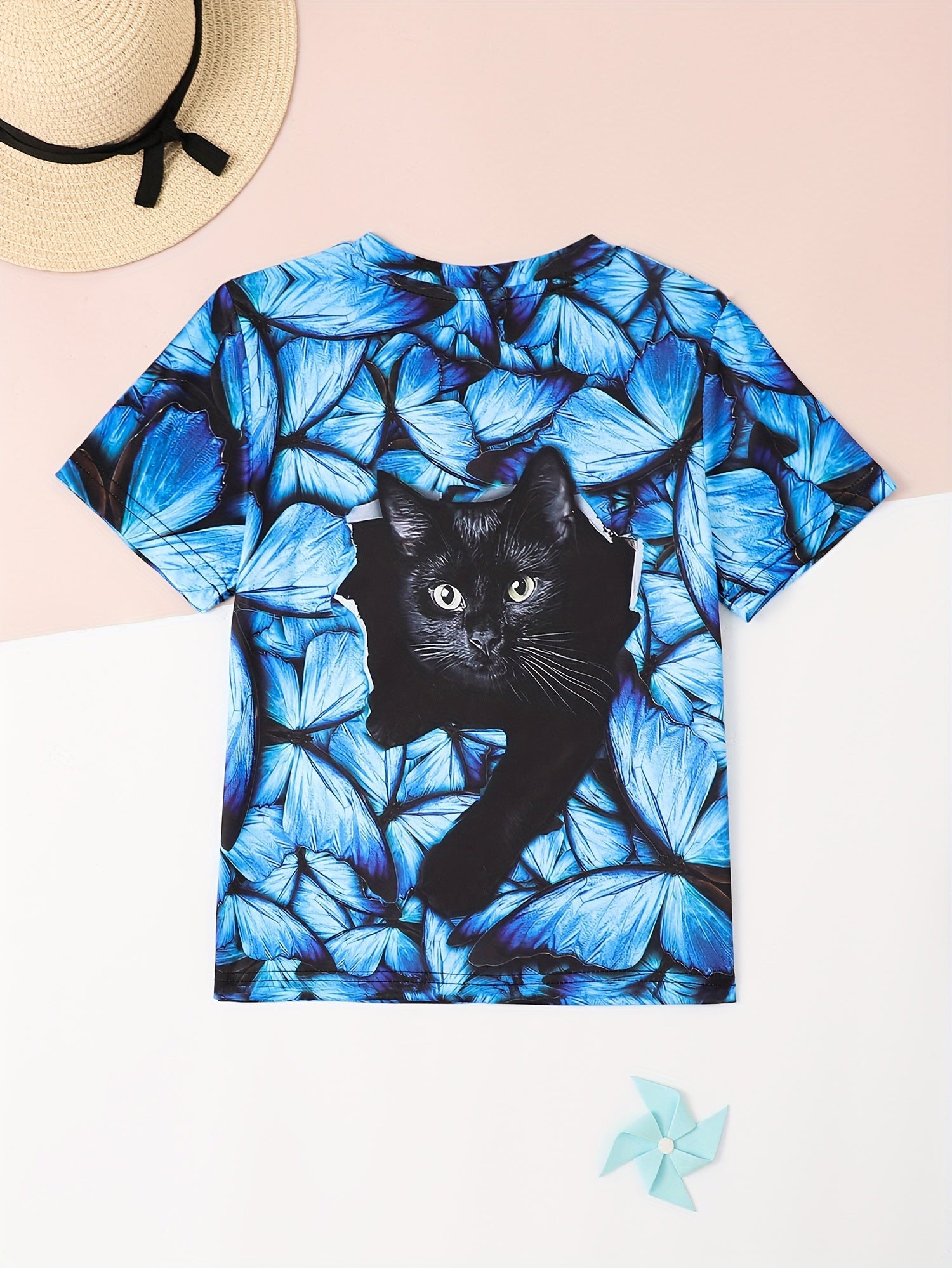 Adorable Kitty Graphic Crew Neck T shirt Girls Comfy Tees