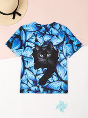 Adorable Kitty Graphic Crew Neck T shirt Girls Comfy Tees