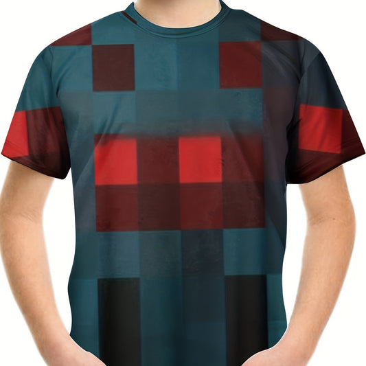 Square 3D Print Boys Short Sleeve T shirt Kids Round Neck Casual Summer Top