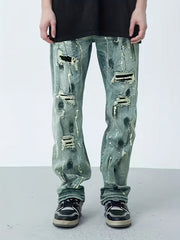 Vintage Street Style Ripped Jeans Loose Fit Straight Leg Pants