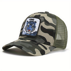 Tiger Patch Trucker Hat Block Mesh Cap Adjustable Sunscreen Dad Hats