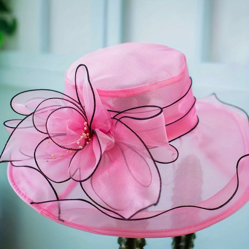 Rose Red Organza Sun Hat Mesh Flower Bridal Wedding Hat