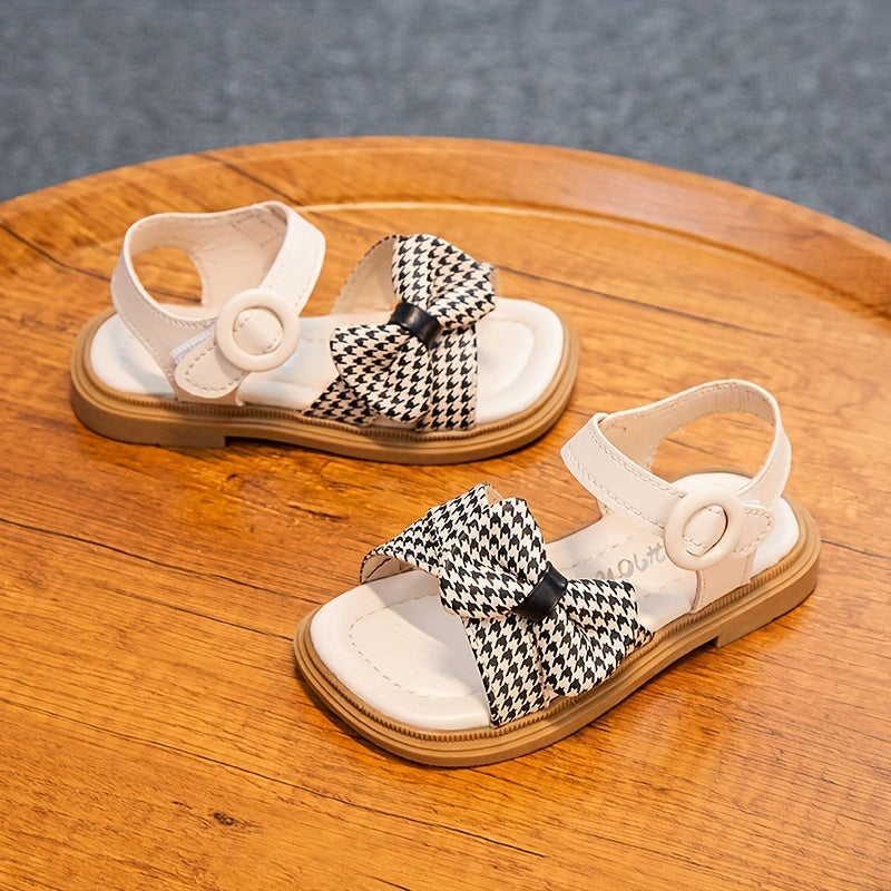 Toddler Girls Houndstooth Bowknot Strap Sandals Soft Sole Anti-skid Flat Shoes
