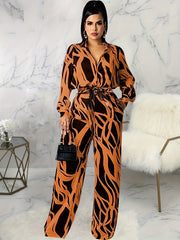 Abstract Striped Print Long Sleeve Belted Jumpsuit Plus Size