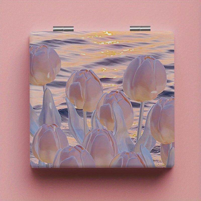 Tulip Pattern Compact Pocket Mirror Ideal for Traveling and Home Use