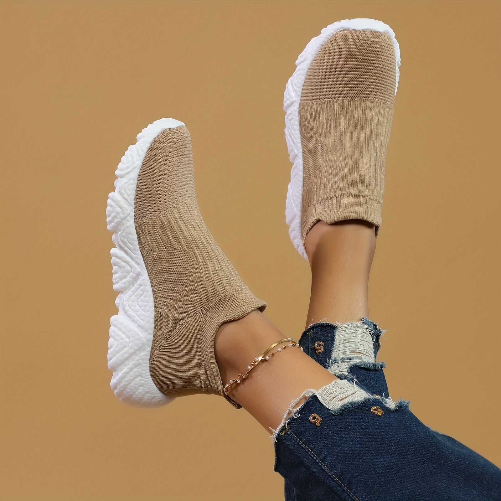 Khaki Slip On Socks Shoes Thick Bottom Breathable Running Shoes